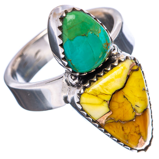 Adjustable sterling silver ring with green oval turquoise and yellow teardrop stone