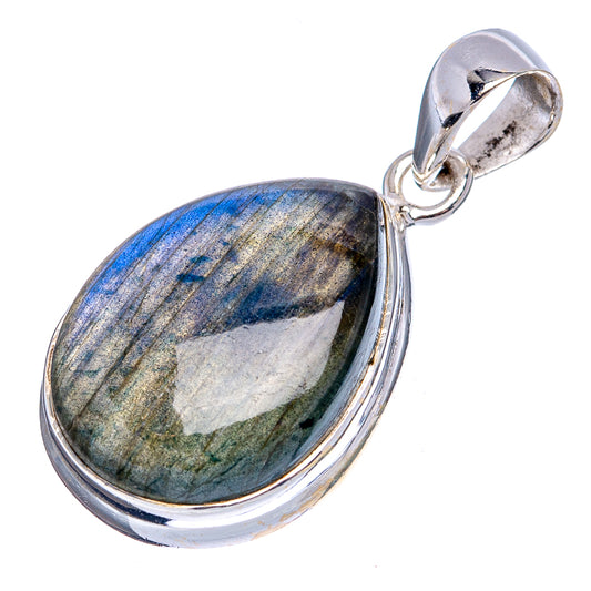 Labradorite teardrop pendant in .925 sterling silver, blue flash cabochon with bail