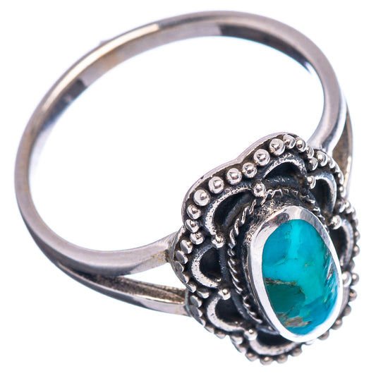 Oval turquoise cabochon .925 sterling silver ring with scalloped halo and heart filigree
