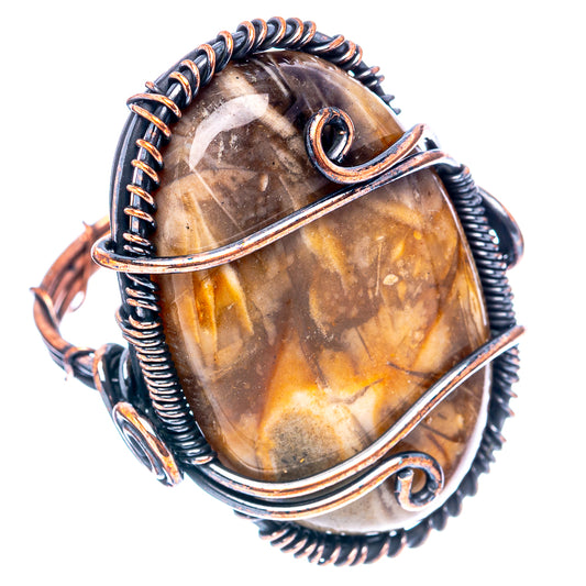 Oxidized copper wire wrap ring with large oval amber-brown stone and twisted bands