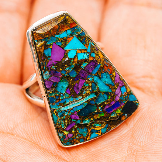 Turquoise and purple mosaic inlaid sterling silver rectangle ring, size 7.25