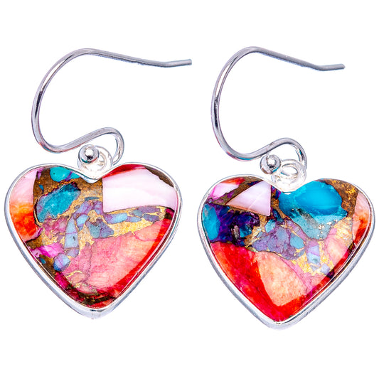 Sterling silver heart drop earrings with turquoise center and colorful mosaic inlays