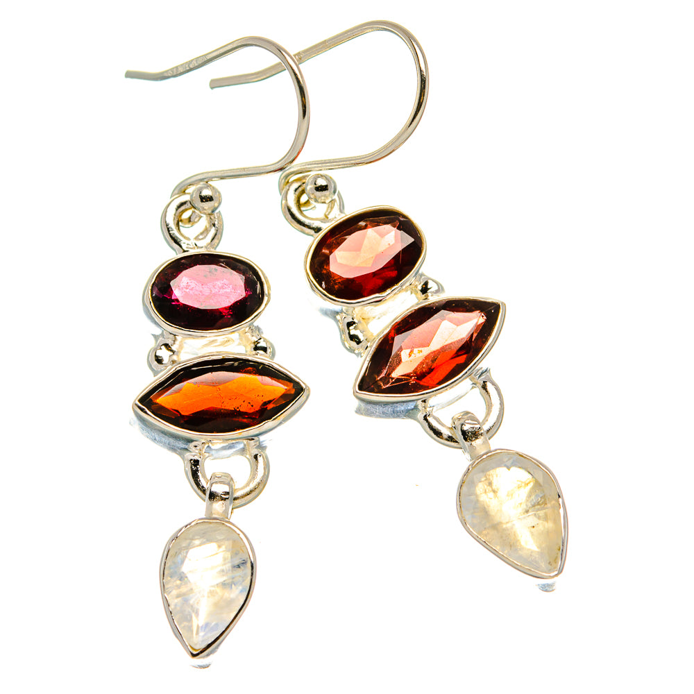 Rainbow Moonstone, Garnet Earrings 1 3/4" (925 Sterling Silver) EARR431623