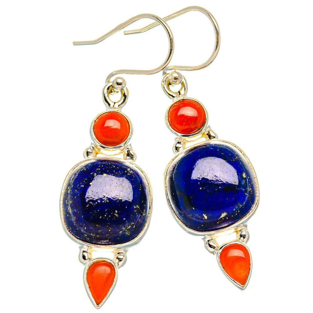 Lapis Lazuli, Red Coral Earrings 1 5/8" (925 Sterling Silver) EARR431898
