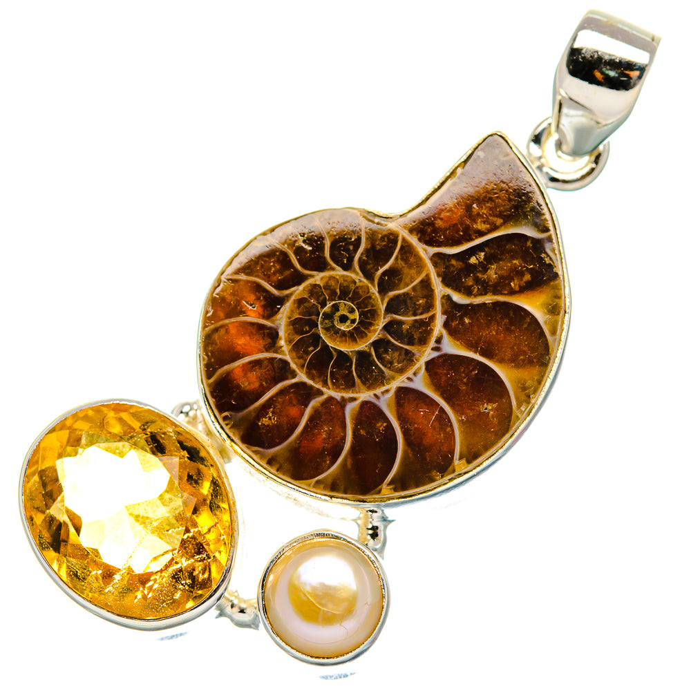 Ammonite Fossil, Citrine, Cultured Pearl Pendant 1 3/4" (925 Sterling Silver) PD37231