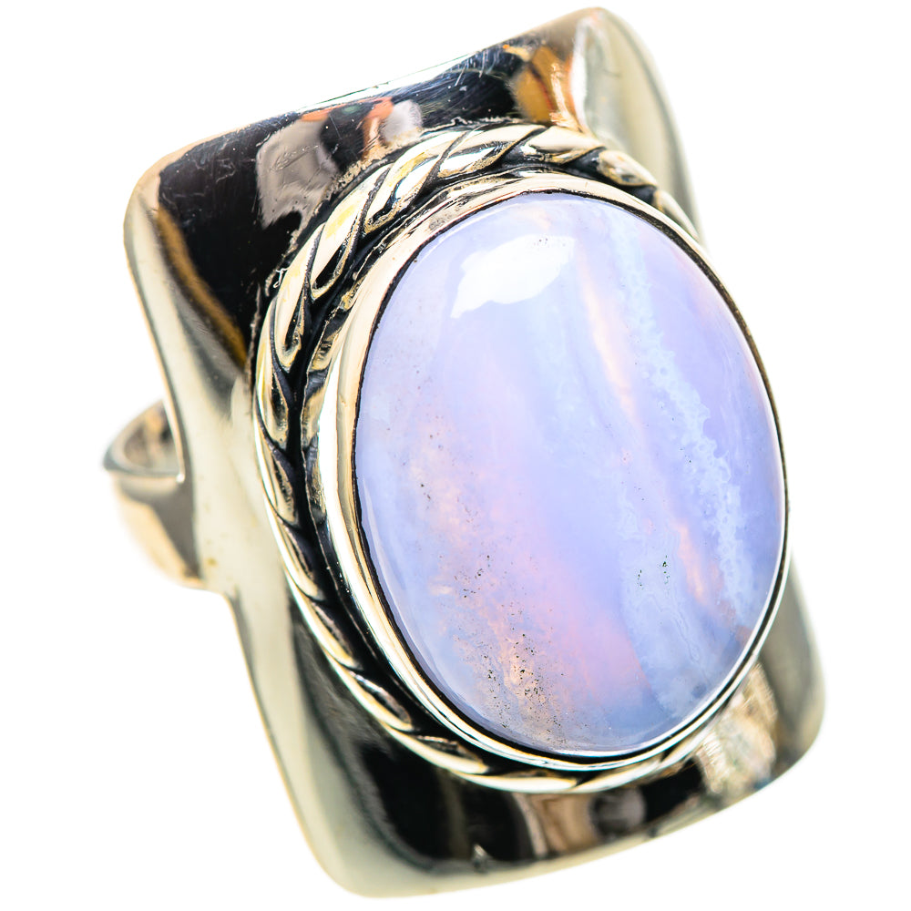 Oval blue lace agate cabochon sterling silver ring with ornate twisted split shoulders