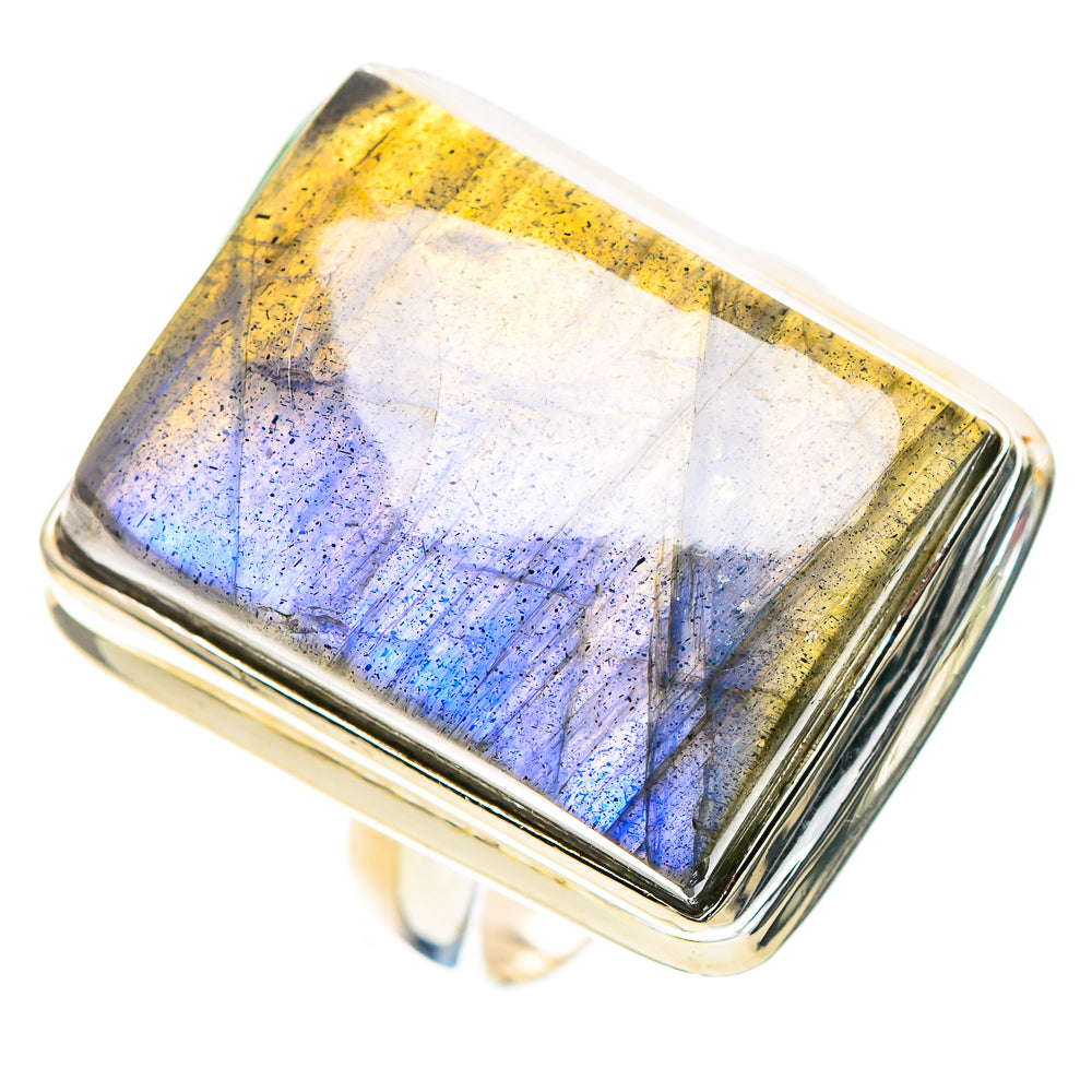Sterling silver ring with rectangular labradorite gemstone, blue and gold tones, flat setting.