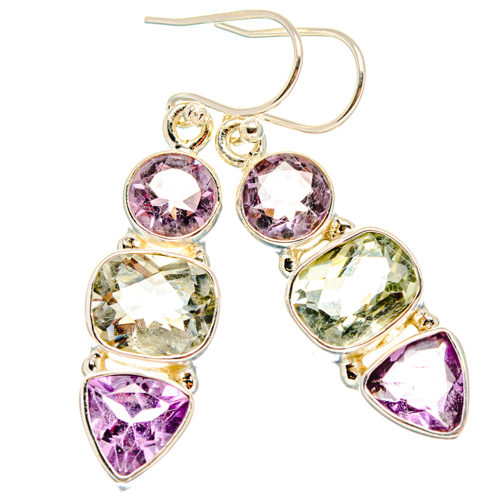925 sterling silver dangling earrings with purple and clear faceted stones, round and pear shapes
