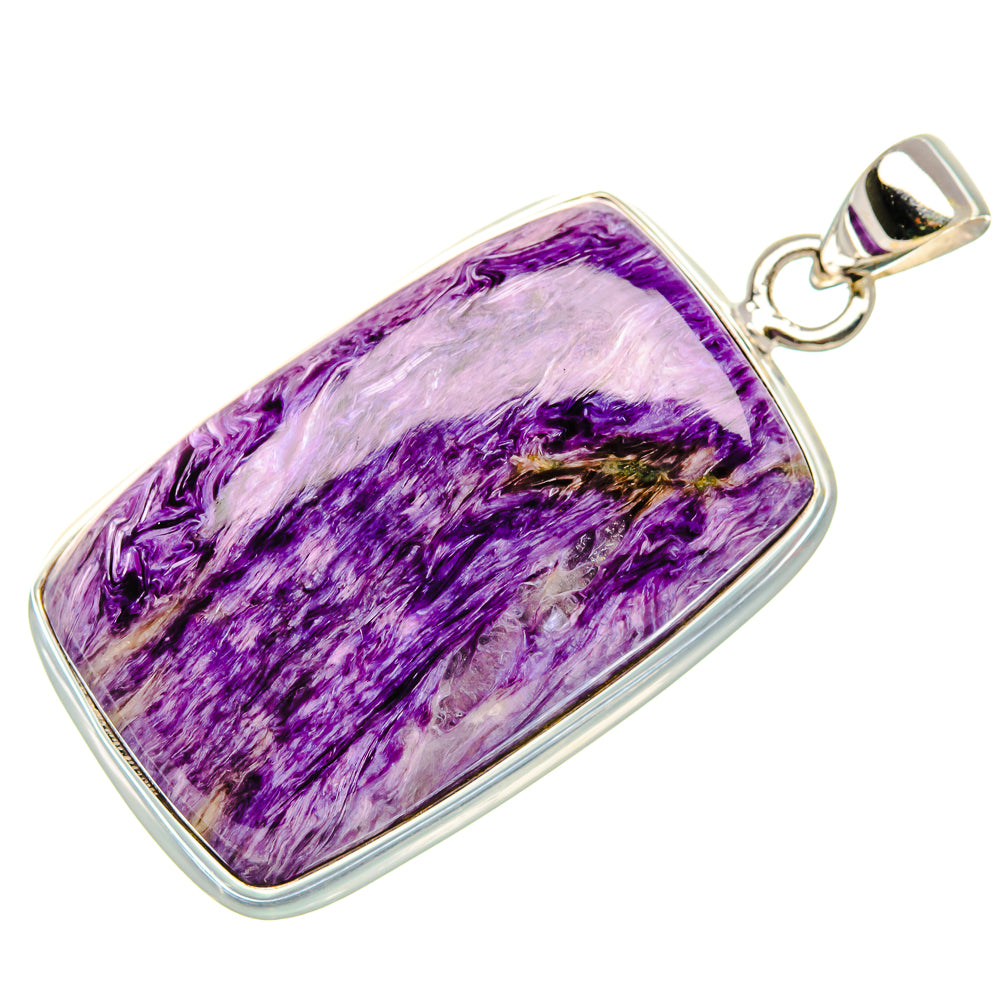 Rectangular purple charoite pendant in 925 sterling silver with side bail