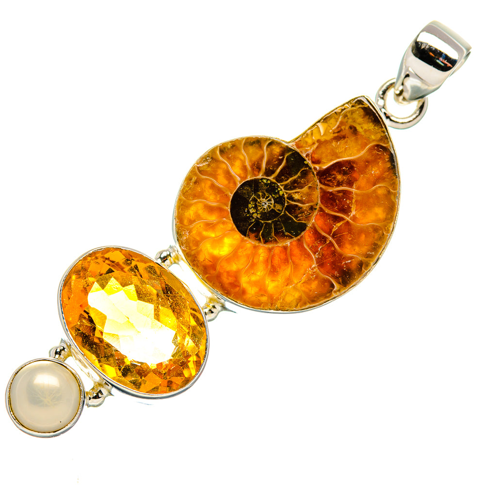 Ammonite Fossil, Citrine, Cultured Pearl Pendant 2 1/4" (925 Sterling Silver) PD36997