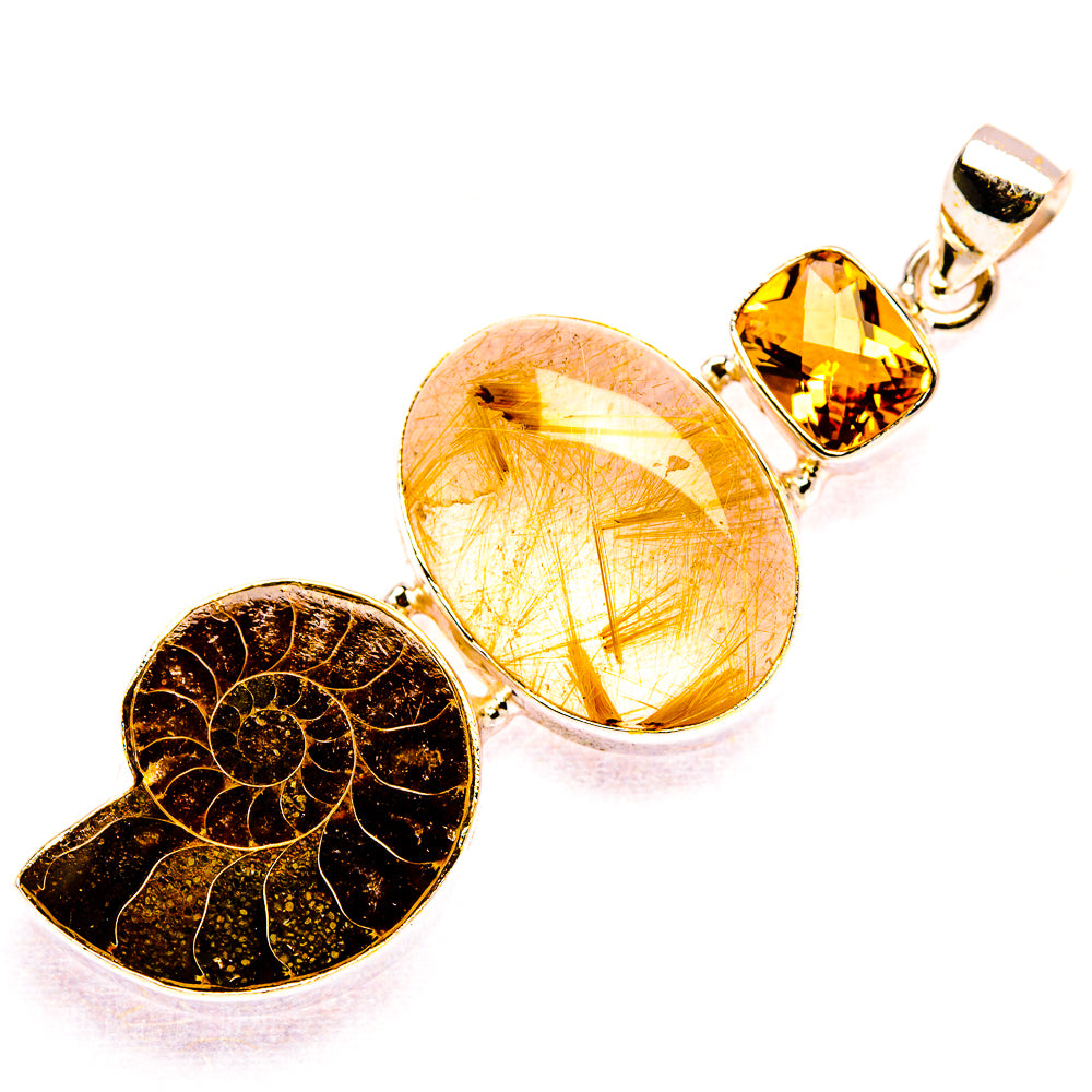 Ammonite Fossil, Rutilated Quartz, Citrine 925 Sterling Silver Pendant 2 1/2" (925 Sterling Silver) PD37642