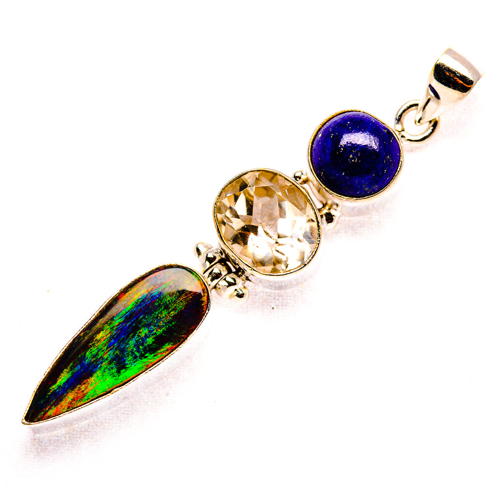 Sterling silver pendant with lapis round stone, clear quartz, and opal leaf drop
