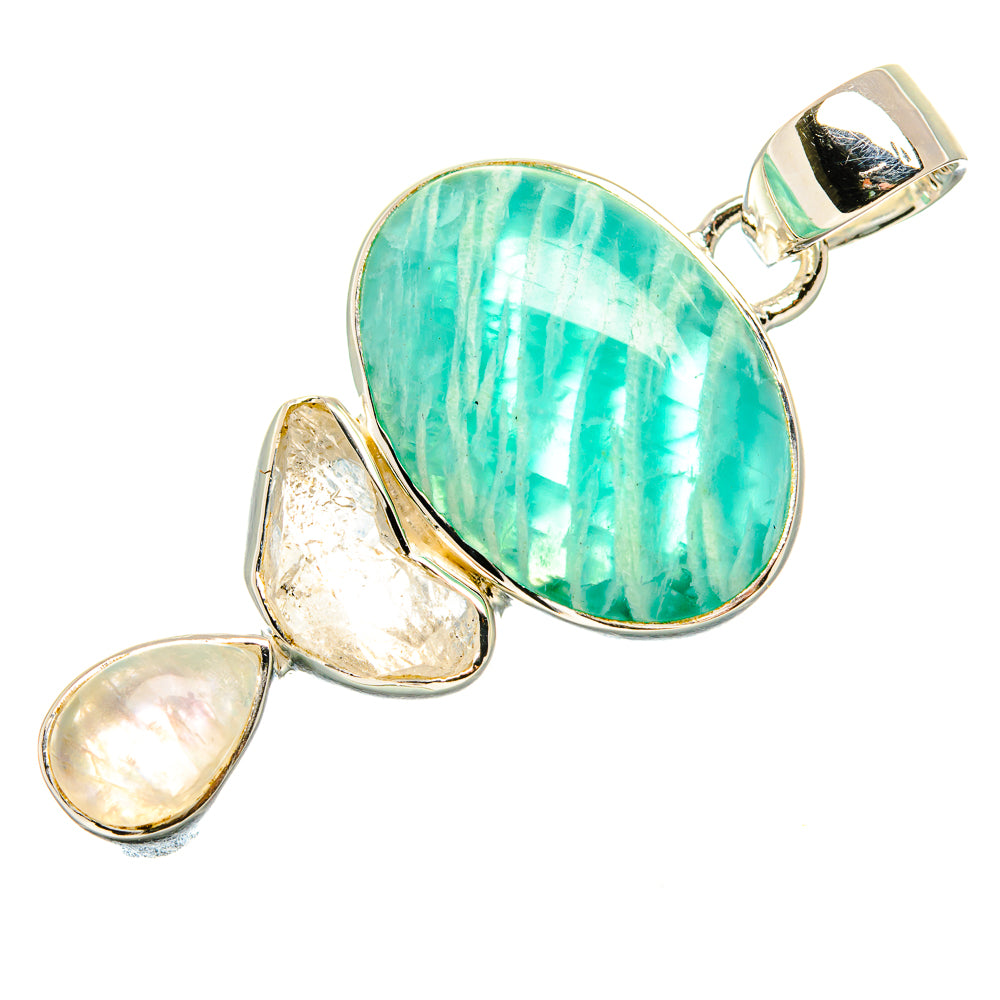 Silver necklace pendant with green amazonite cabochon and two opalescent teardrop charms