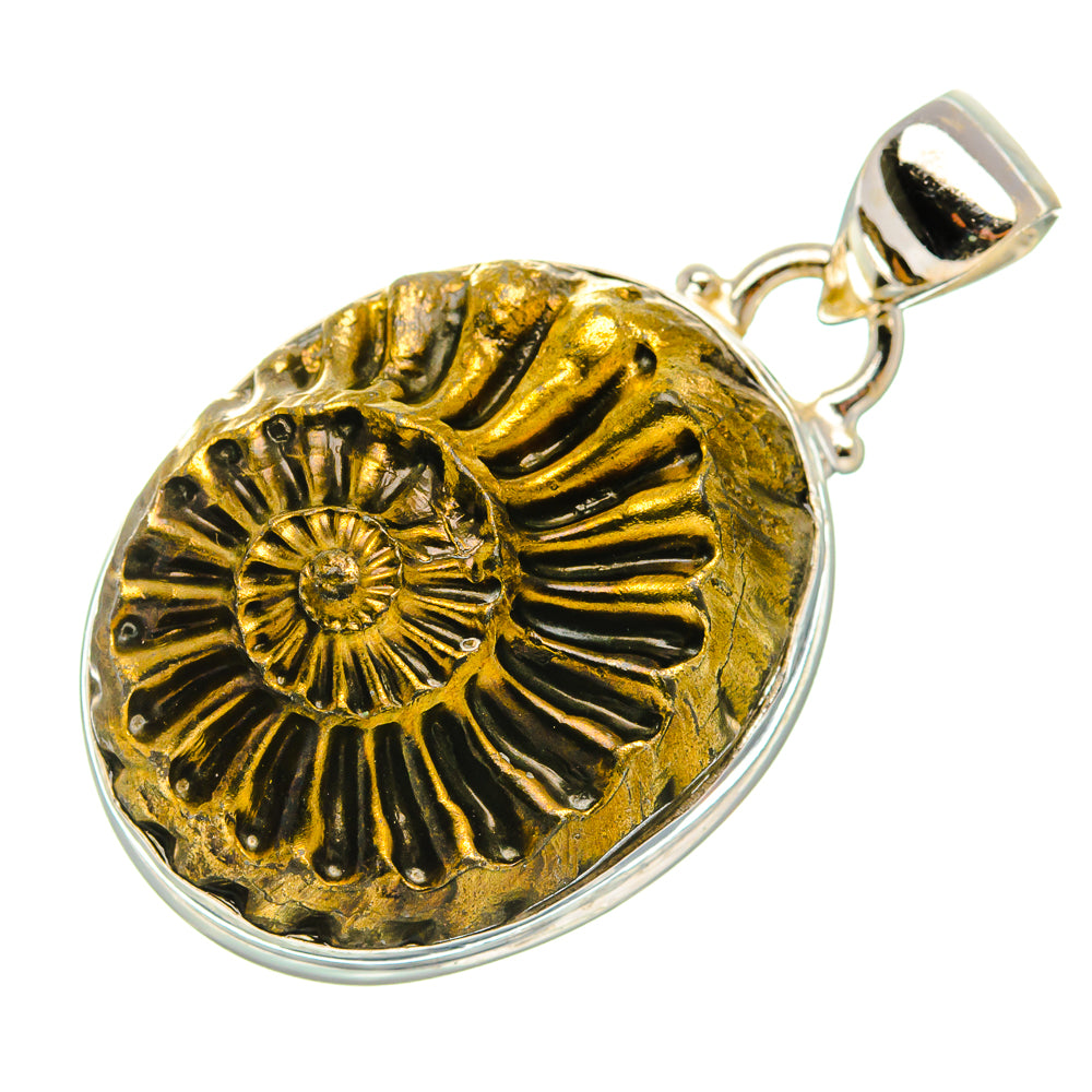 Pyrite fossil pendant in 925 sterling silver, round gold ammonite design with top bail