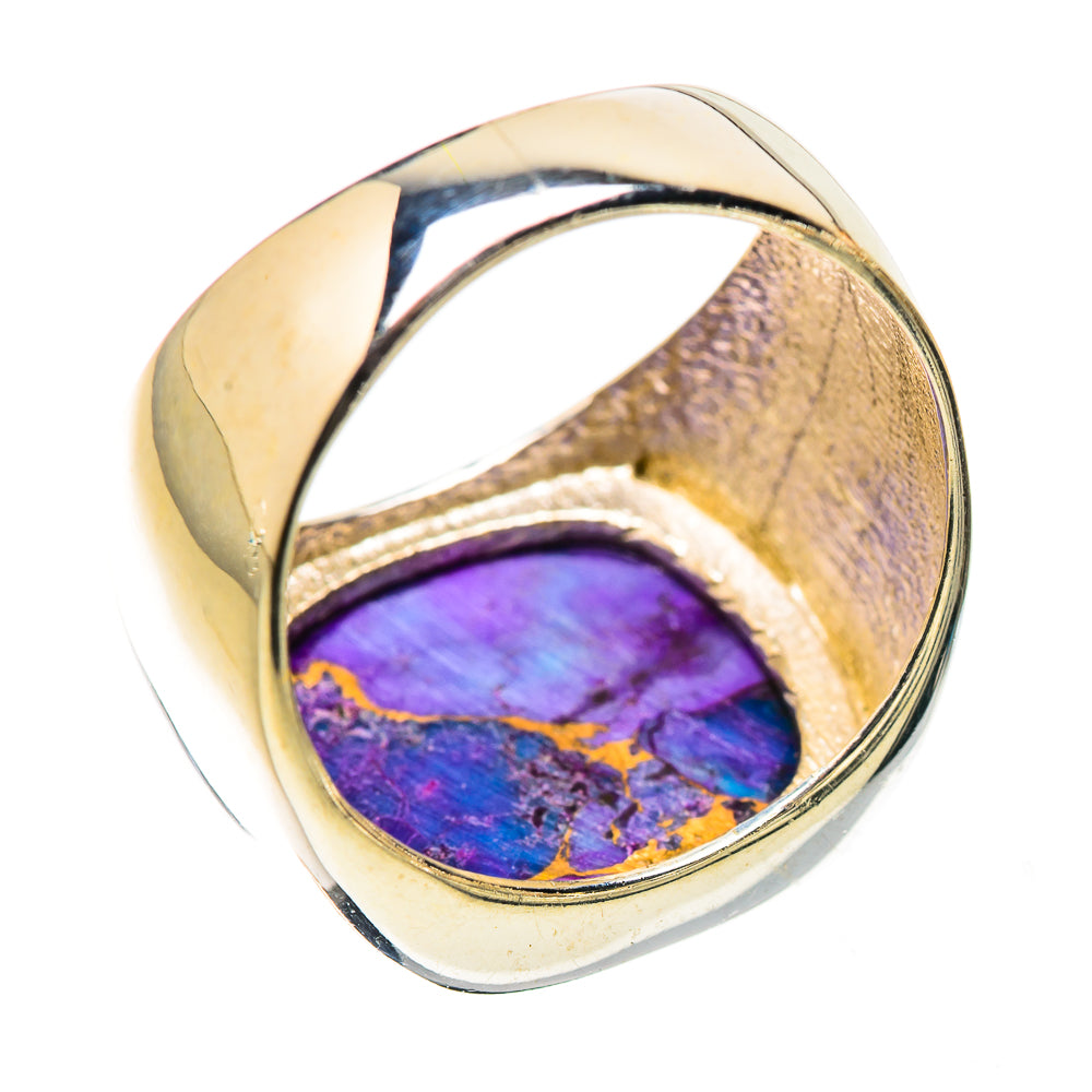 Sterling silver turquoise ring with curved oval purple-blue stone and gold flecks