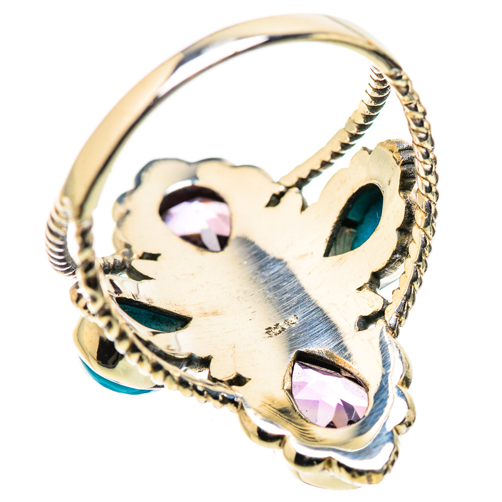 Sterling silver ring side view with openwork setting and turquoise amethyst stones