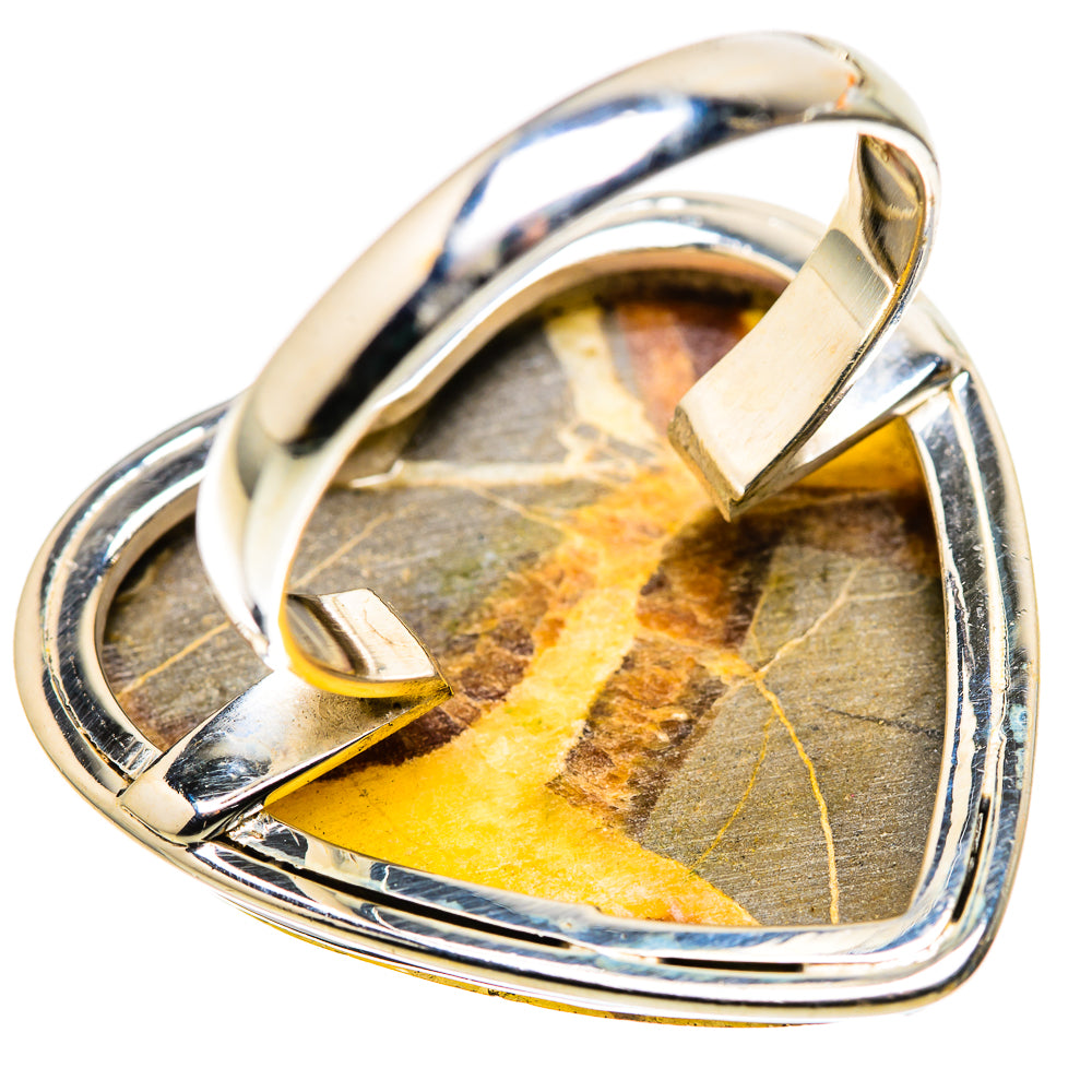 Heart-shaped sterling silver ring with yellow and dark mottled septarian stone detail