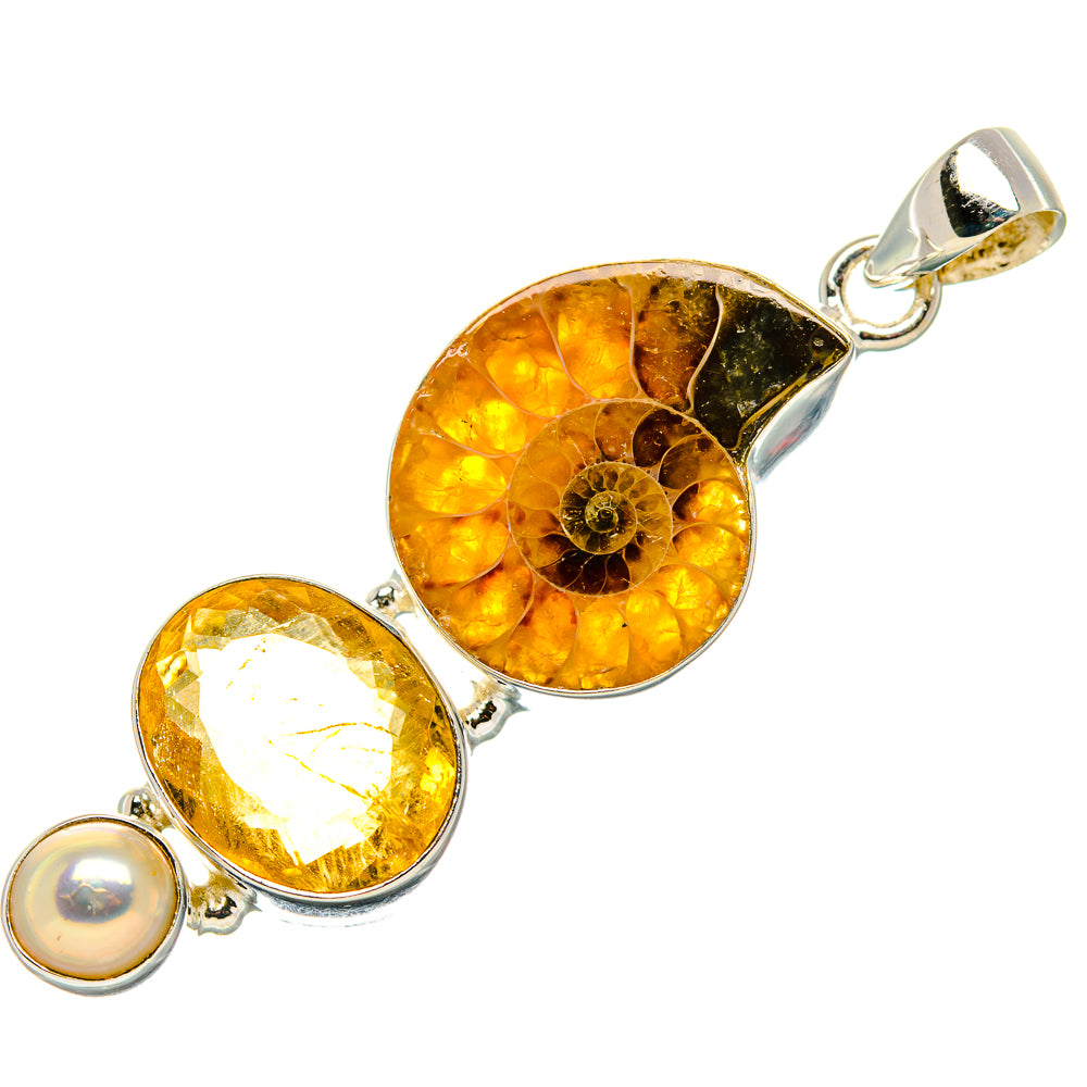 Ammonite Fossil, Citrine, Cultured Pearl Pendant 2 1/8" (925 Sterling Silver) PD37191