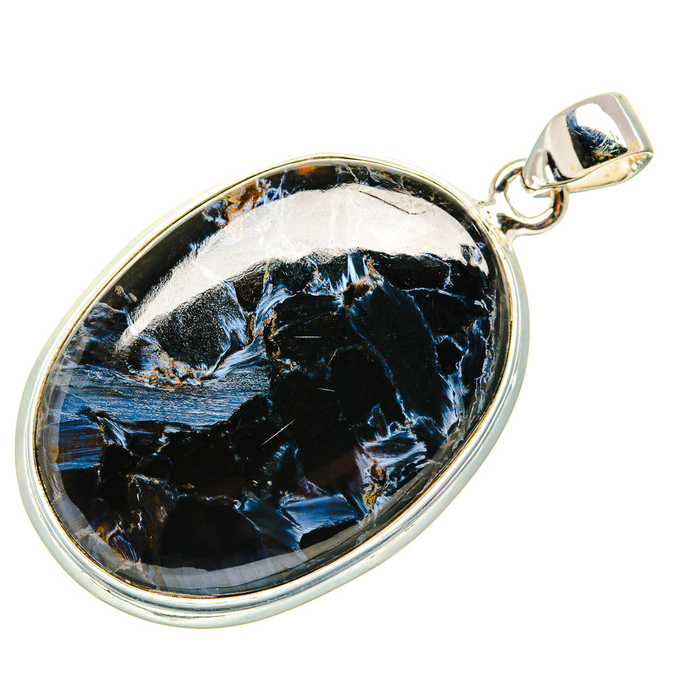 Oval pietersite pendant with sterling silver frame and bail, marbled black and blue stone