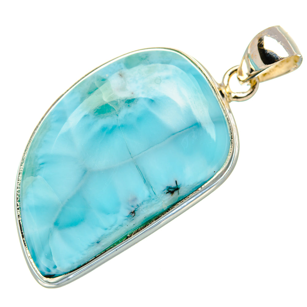 Larimar pendant teardrop cabochon with 925 sterling silver bezel and bail.