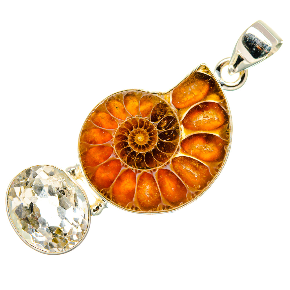Ammonite Fossil, White Quartz Pendant 1 3/4" (925 Sterling Silver) PD36916