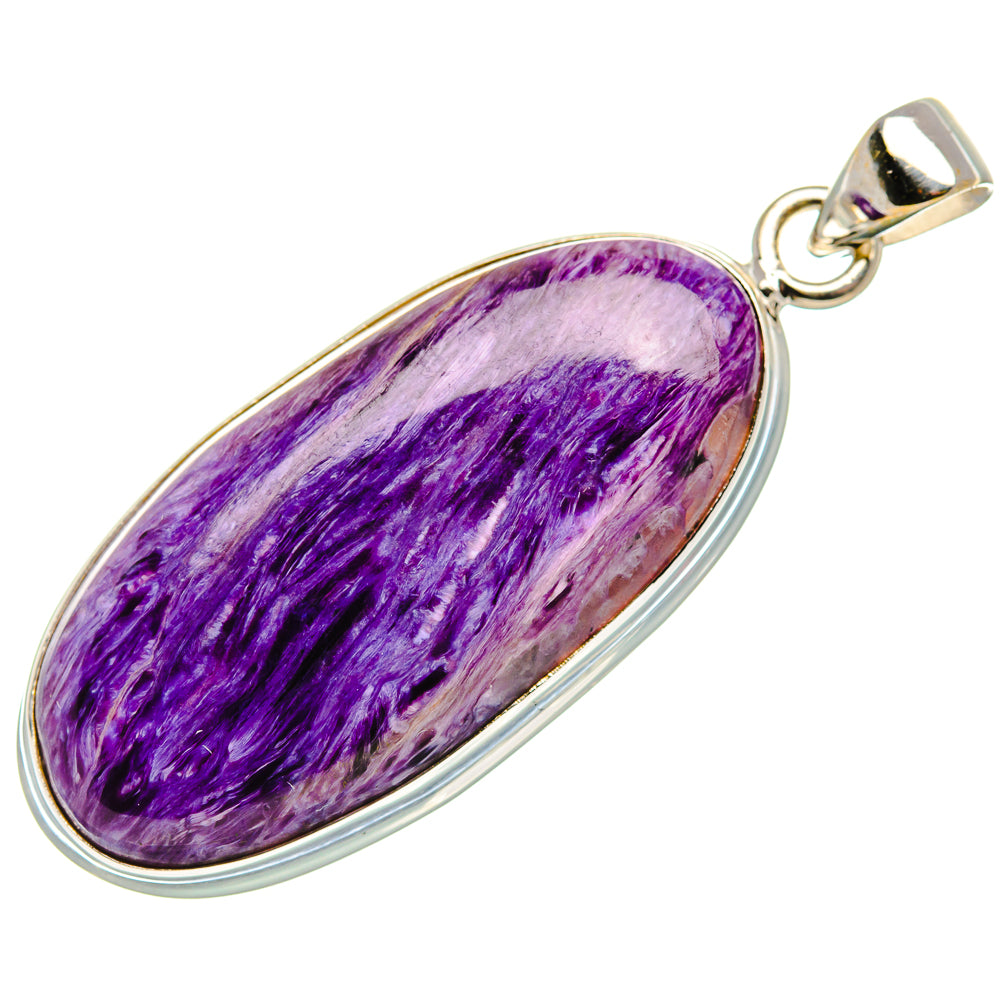 Oval gemstone pendant with 925 sterling silver frame and purple charoite cabochon