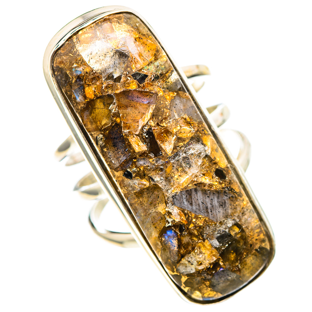 925 sterling silver oval labradorite ring with golden flecks and blue iridescence, pronged band