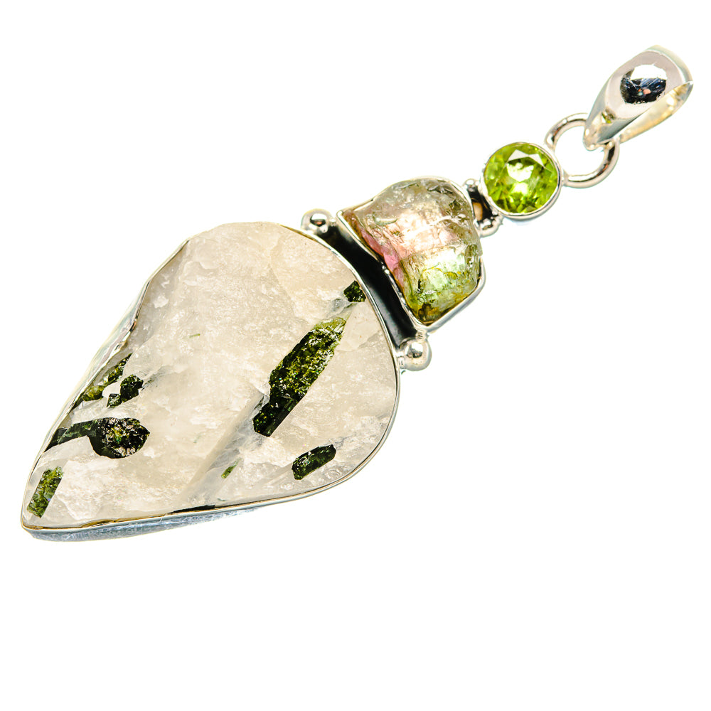 Green Tourmaline In Quartz, Watermelon Tourmaline, Peridot Pendant 2 1/4" (925 Sterling Silver) PD36308