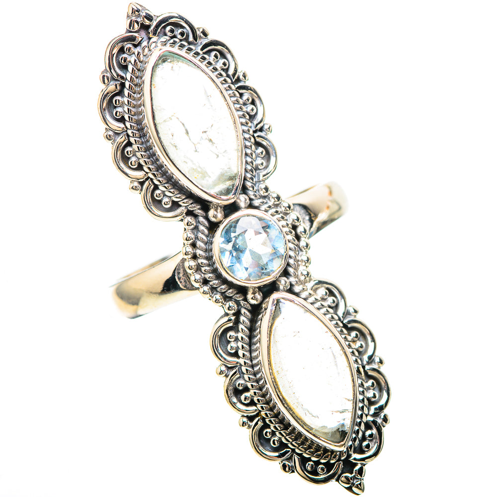 Sterling silver filigree oval gemstone ring with two light stones and blue center, size 8.25