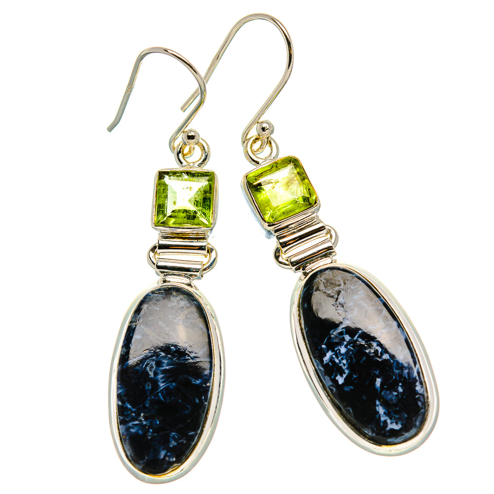 Sterling silver dangle earrings with peridot green square stones and dark pietersite ovals