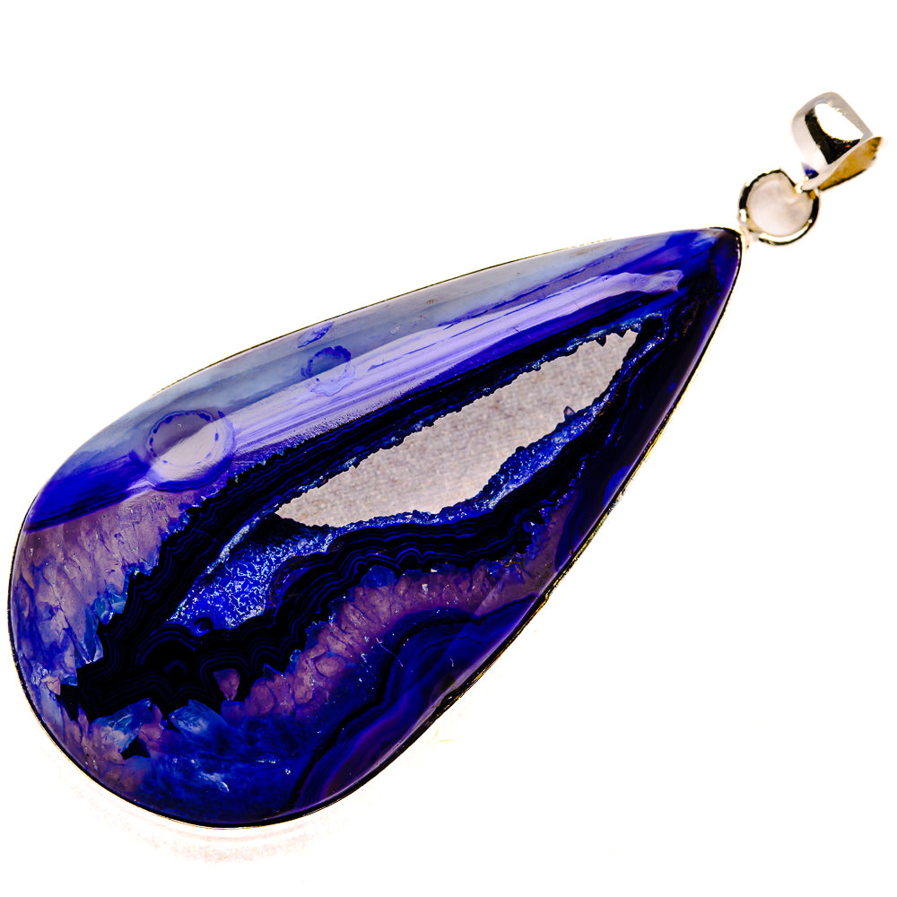 Blue-purple drusy teardrop window pendant, sterling silver bail