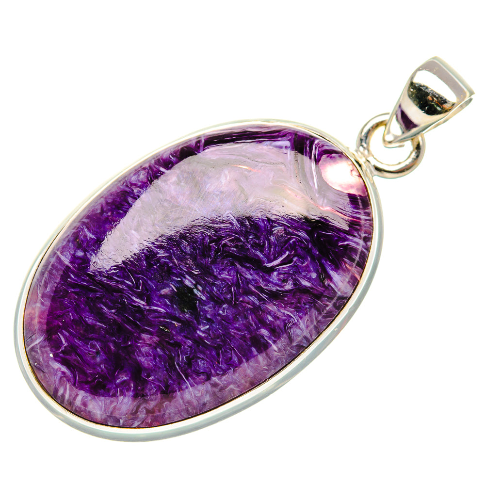 Teardrop charoite pendant with purple cabochon and 925 sterling silver bezel and bail