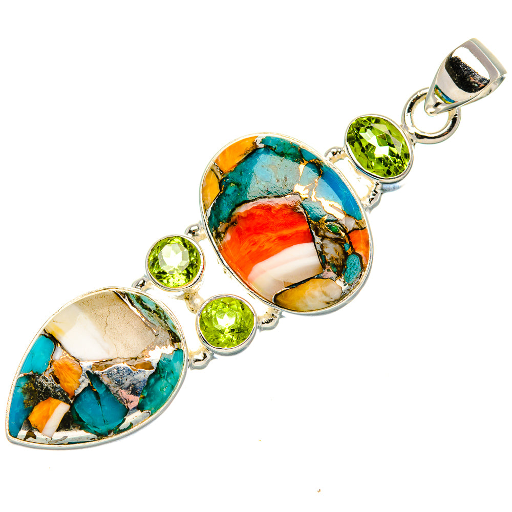Spiny oyster pendant with turquoise and orange cabochons and peridot green round accents