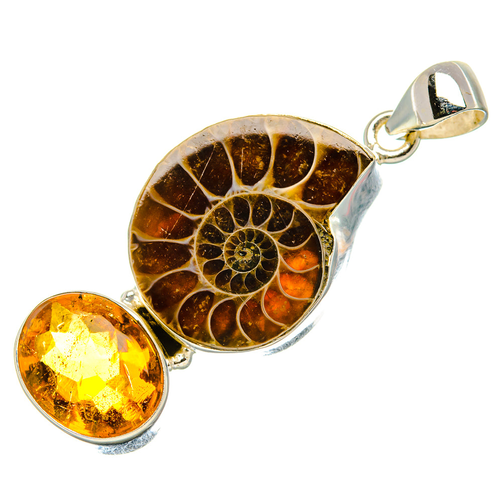 Ammonite Fossil, Citrine Pendant 1 3/4" (925 Sterling Silver) PD37213