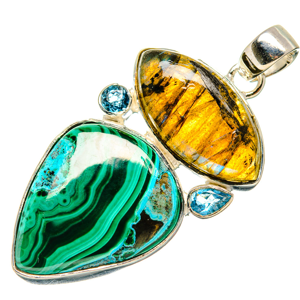 Malachite In Chrysocolla, Labradorite, Blue Topaz Pendant 2" (925 Sterling Silver) PD36377
