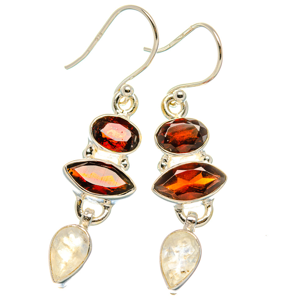 Garnet, Rainbow Moonstone Earrings 1 3/4" (925 Sterling Silver) EARR431655
