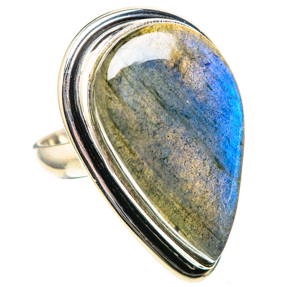 Labradorite sterling silver ring, blue-gray teardrop stone, triple split bands