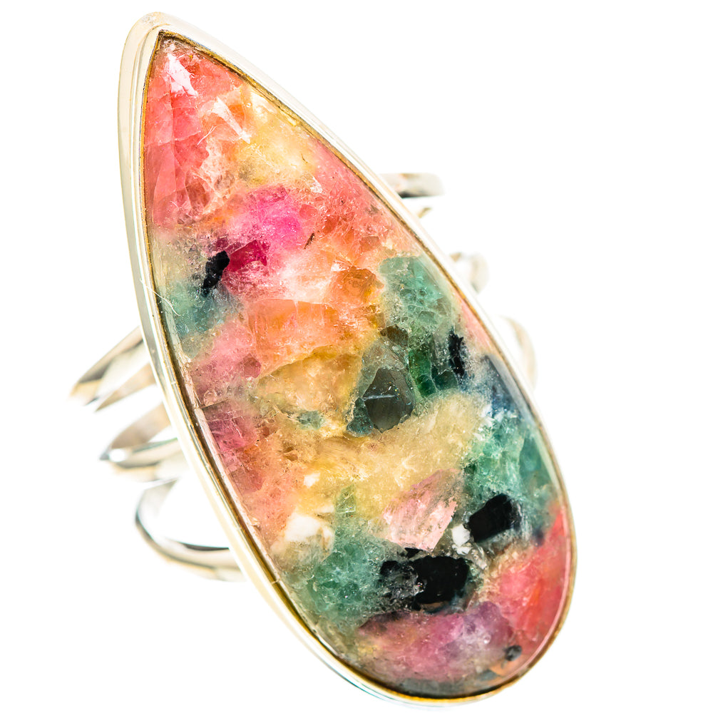 Sterling silver ring with large pear-cut natural tourmaline, multicolor bezel detail