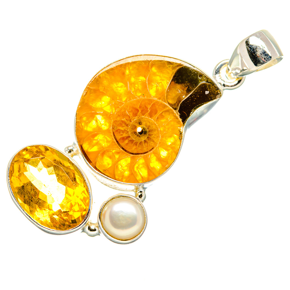 Ammonite Fossil, Citrine, Cultured Pearl Pendant 1 3/4" (925 Sterling Silver) PD36917