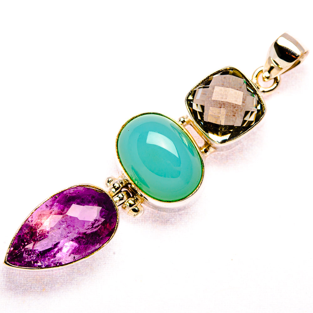 Blue Chalcedony, Amethyst, Green Amethyst Pendant 2 3/8" (925 Sterling Silver)