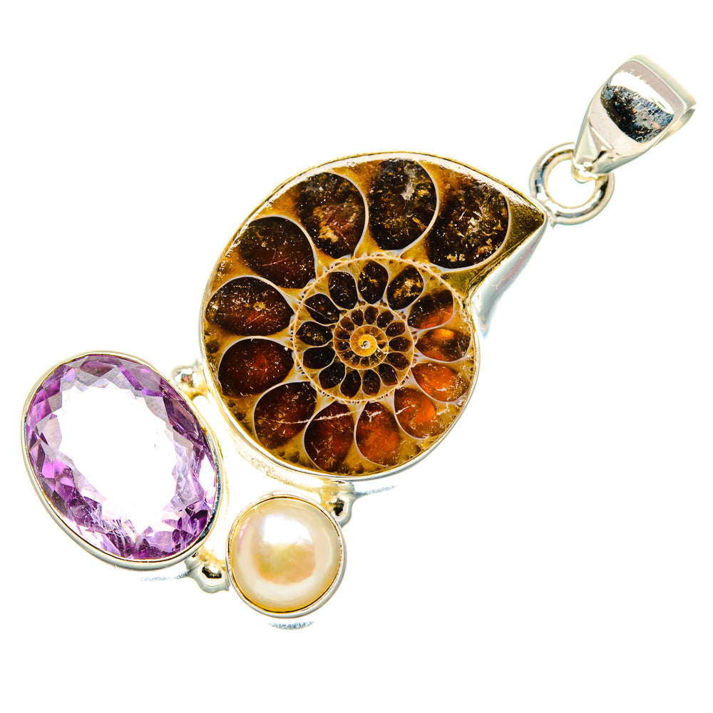 Ammonite Fossil, Amethyst, Cultured Pearl Pendant 1 3/4" (925 Sterling Silver) PD36939
