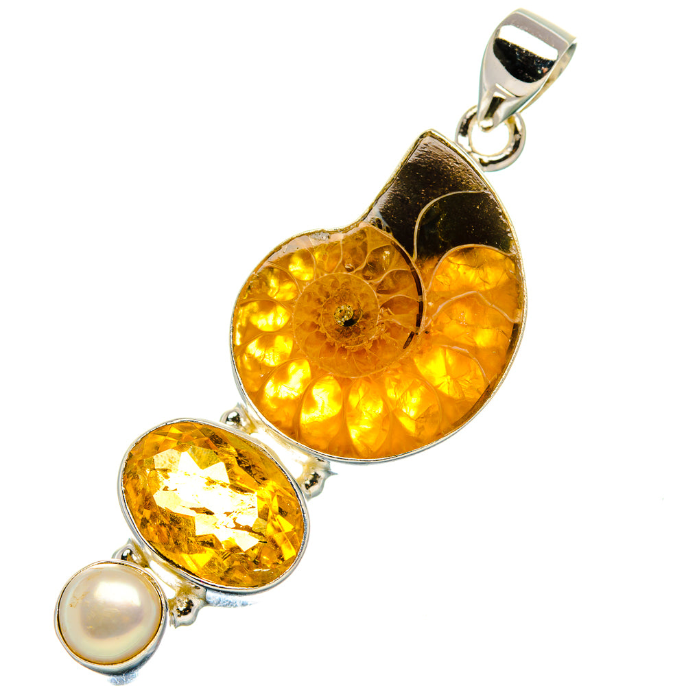 Ammonite Fossil, Citrine, Cultured Pearl Pendant 2" (925 Sterling Silver) PD37252