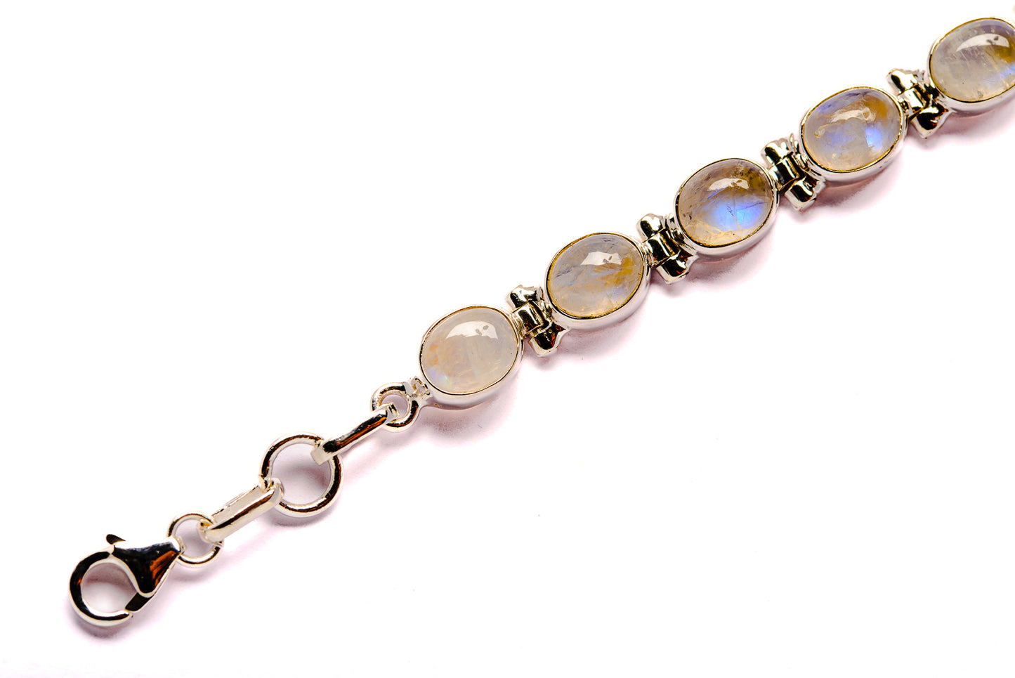 Sterling silver moonstone bracelet with oval rainbow stones and lobster clasp