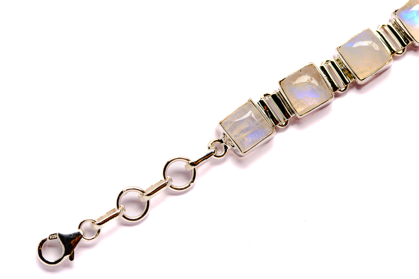 Sterling silver moonstone bracelet with iridescent rectangular links and ring clasp