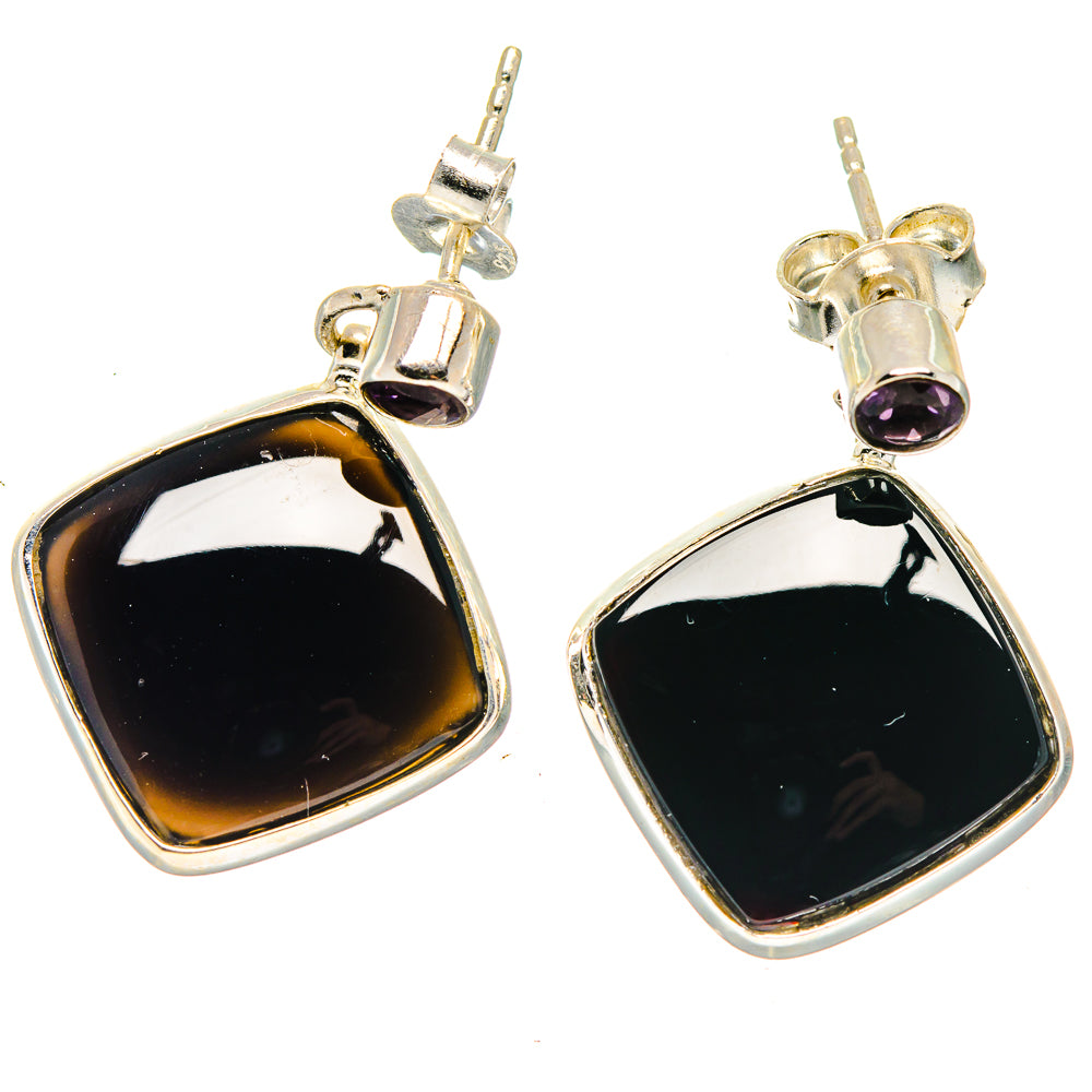 Black onyx drop earrings with purple amethyst studs, 925 sterling silver ear wires