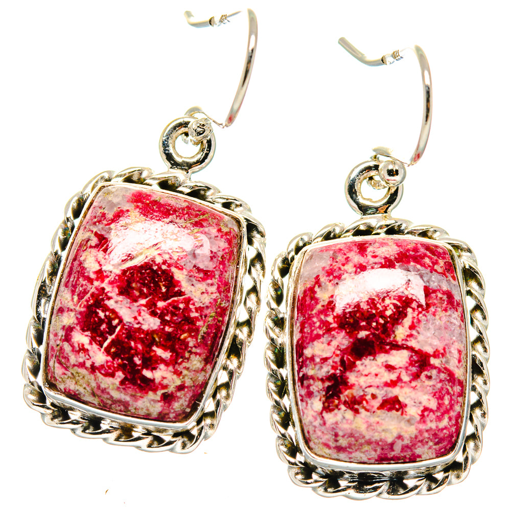 Thulite earrings with rectangular pink-red thulite in ornate sterling silver frame, fishhook