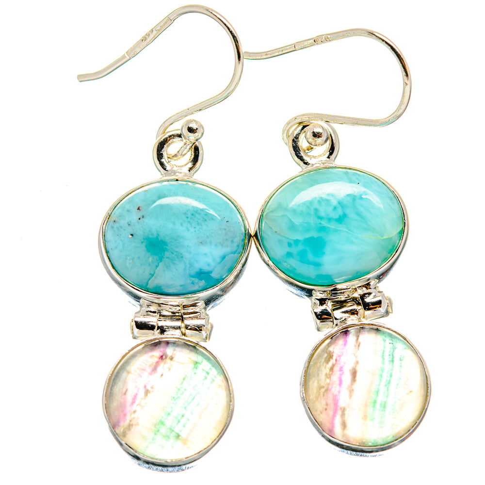 Larimar and fluorite drop earrings, oval turquoise stones with iridescent round drops