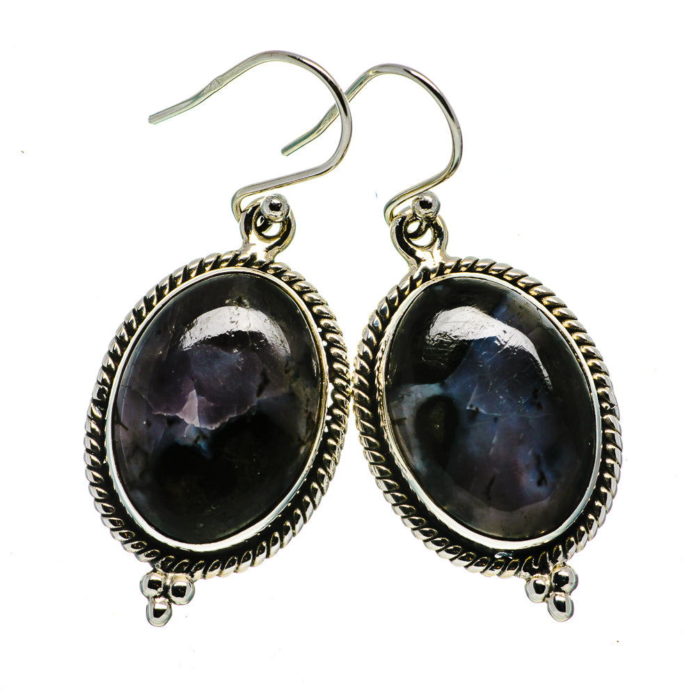 Sterling silver oval drop earrings with dark stone cabochons and beaded bezel hooks