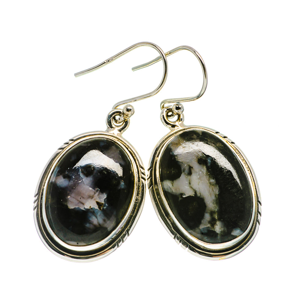 Sterling silver gabbro oval drop earrings, black stone cabochons, hoop hooks