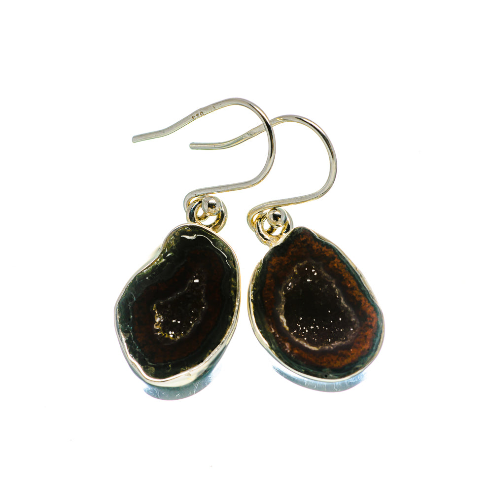Sterling silver hoop earrings with dark teardrop geode druzy stones